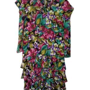 Vintage Michael Allen Womens Ruffled Floral Dress Black Multicolor Chiffon 6
